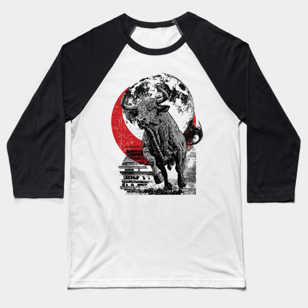 Bull and Blood Moon - Japanese Power Design Baseball T-Shirt by TuncGK