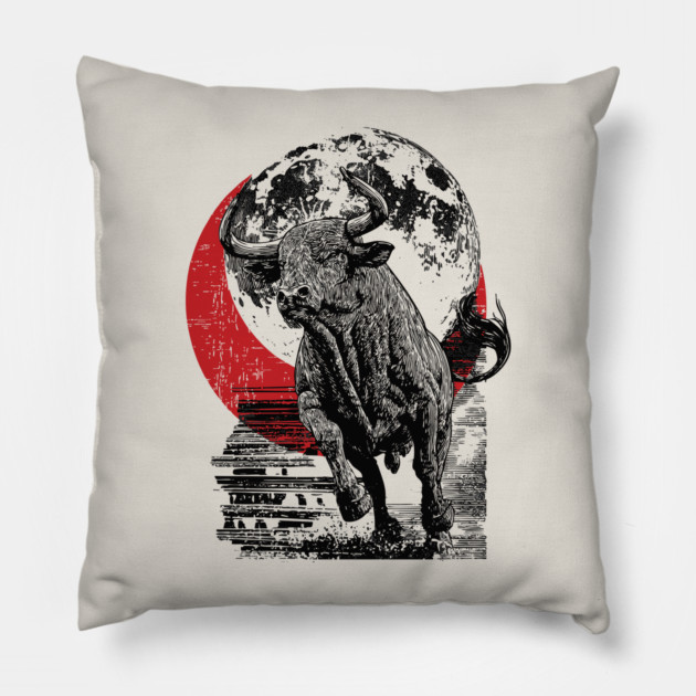 Bull and Blood Moon - Japanese Power Design Pillow by TuncGK