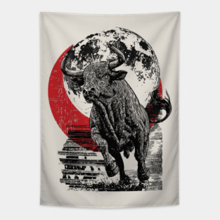 Bull and Blood Moon - Japanese Power Design Tapestry