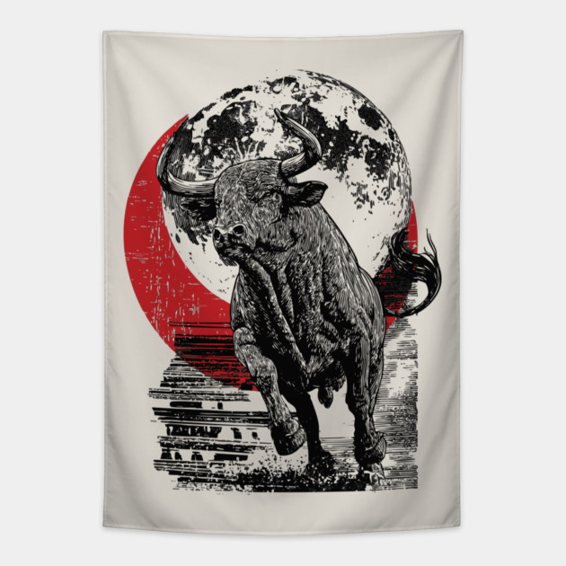 Bull and Blood Moon - Japanese Power Design Tapestry by TuncGK
