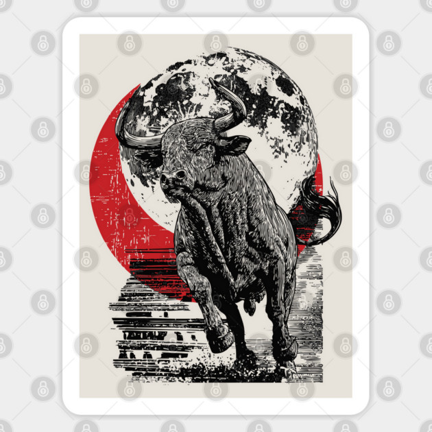 Bull and Blood Moon - Japanese Power Design Sticker by TuncGK