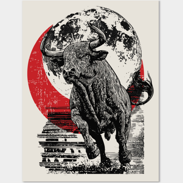 Bull and Blood Moon - Japanese Power Design Wall Art by TuncGK