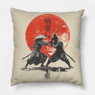 Samurai Duel Under Red Sun - Epic Clash Design Pillow