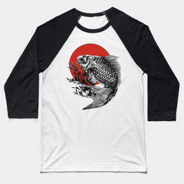 Koi Fish with Bamboo and Rising Sun Baseball T-Shirt by TuncGK