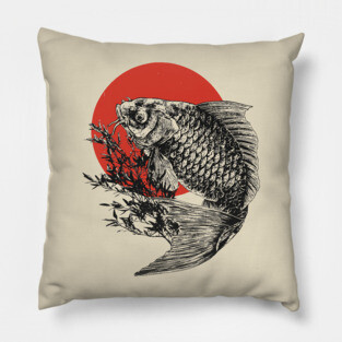Koi Fish with Bamboo and Rising Sun Pillow