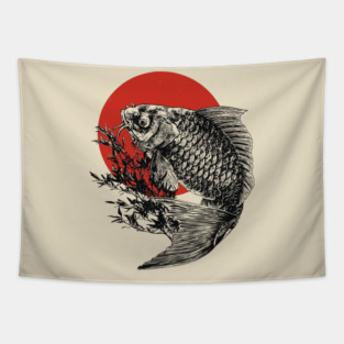 Koi Fish with Bamboo and Rising Sun Tapestry