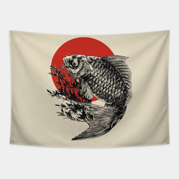 Koi Fish with Bamboo and Rising Sun Tapestry by TuncGK