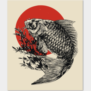 Koi Fish with Bamboo and Rising Sun Posters and Art