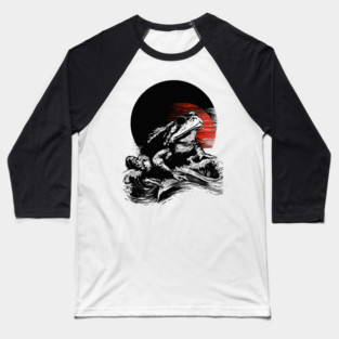 Zen Frog Under Rising Sun - Japanese Art Style Baseball T-Shirt