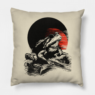 Zen Frog Under Rising Sun - Japanese Art Style Pillow