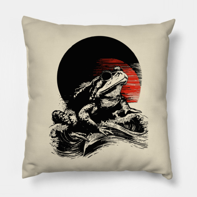 Zen Frog Under Rising Sun - Japanese Art Style Pillow by TuncGK