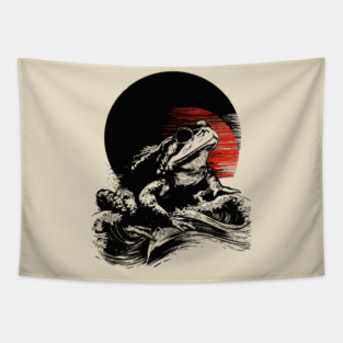 Zen Frog Under Rising Sun - Japanese Art Style Tapestry