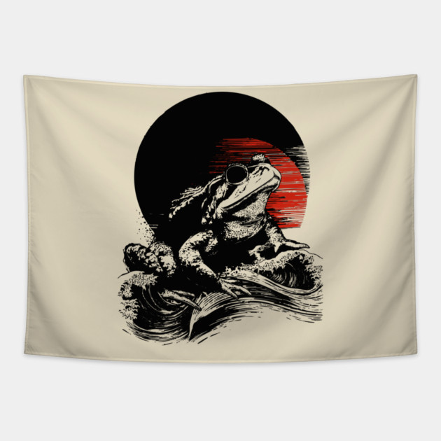 Zen Frog Under Rising Sun - Japanese Art Style Tapestry by TuncGK