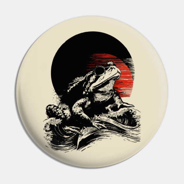 Zen Frog Under Rising Sun - Japanese Art Style Pin by TuncGK