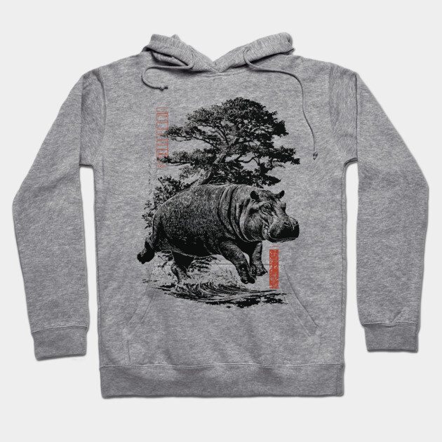 Samurai Hippo in Ink Wash Style Hoodie by TuncGK