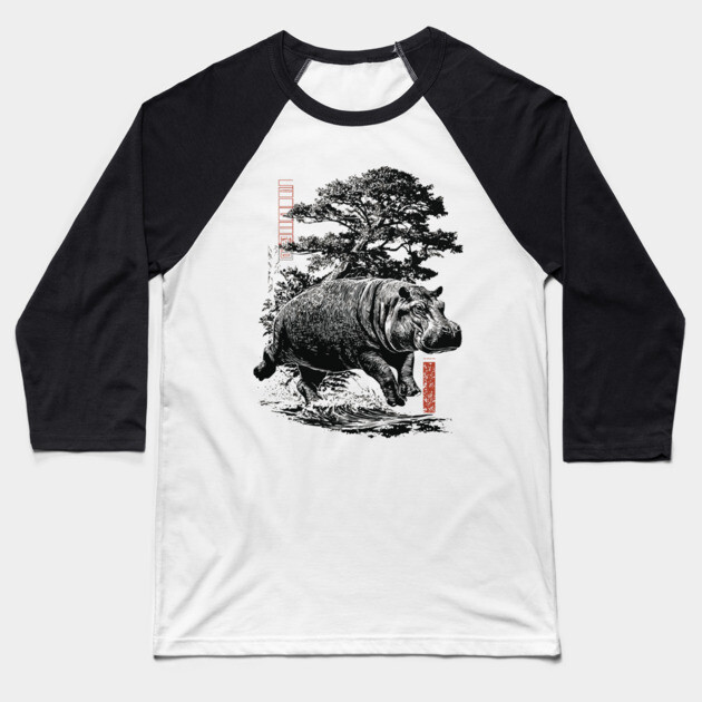 Samurai Hippo in Ink Wash Style Baseball T-Shirt by TuncGK