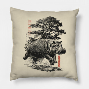 Samurai Hippo in Ink Wash Style Pillow