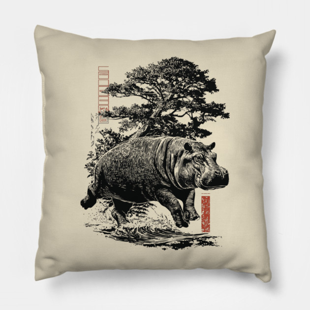 Samurai Hippo in Ink Wash Style Pillow by TuncGK