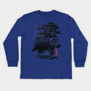 Samurai Hippo in Ink Wash Style Kids Long Sleeve T-Shirt