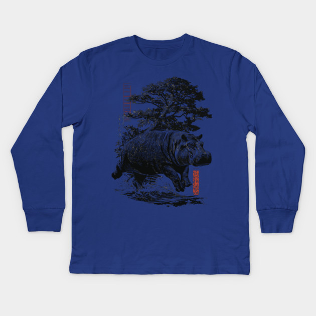 Samurai Hippo in Ink Wash Style Kids Long Sleeve T-Shirt by TuncGK