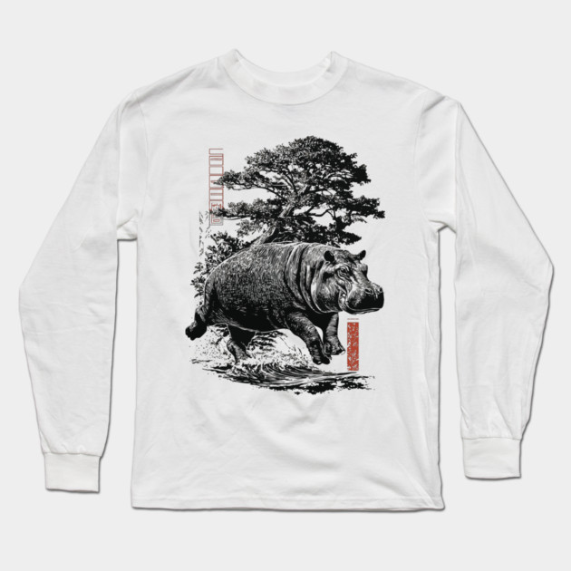Samurai Hippo in Ink Wash Style Long Sleeve T-Shirt by TuncGK