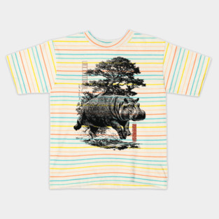 Samurai Hippo in Ink Wash Style Kids T-Shirt