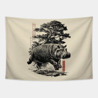 Samurai Hippo in Ink Wash Style Tapestry