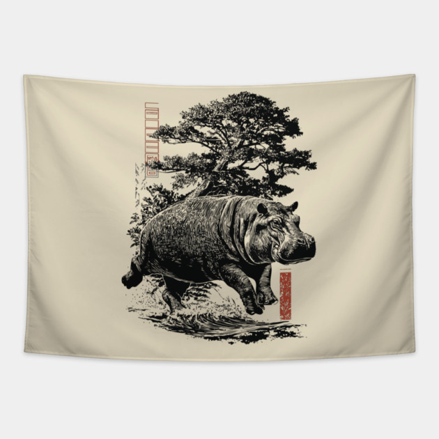 Samurai Hippo in Ink Wash Style Tapestry by TuncGK