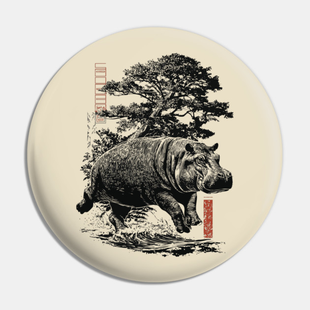 Samurai Hippo in Ink Wash Style Pin by TuncGK