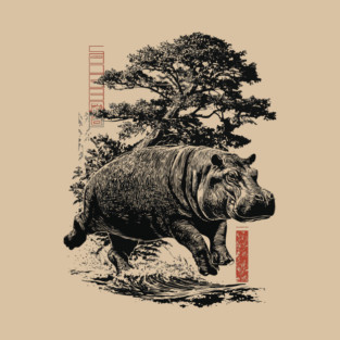 Samurai Hippo in Ink Wash Style T-Shirt