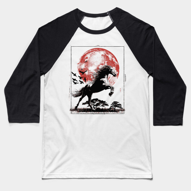 Galloping Horse and Crimson Moon Baseball T-Shirt by TuncGK
