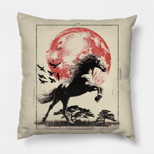 Galloping Horse and Crimson Moon Pillow