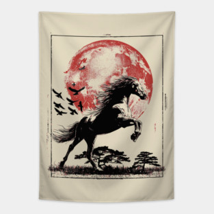 Galloping Horse and Crimson Moon Tapestry