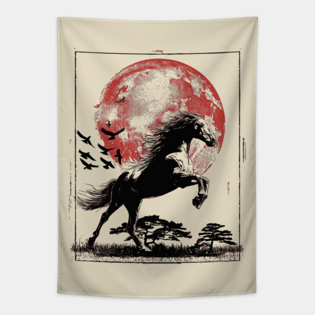 Galloping Horse and Crimson Moon Tapestry by TuncGK