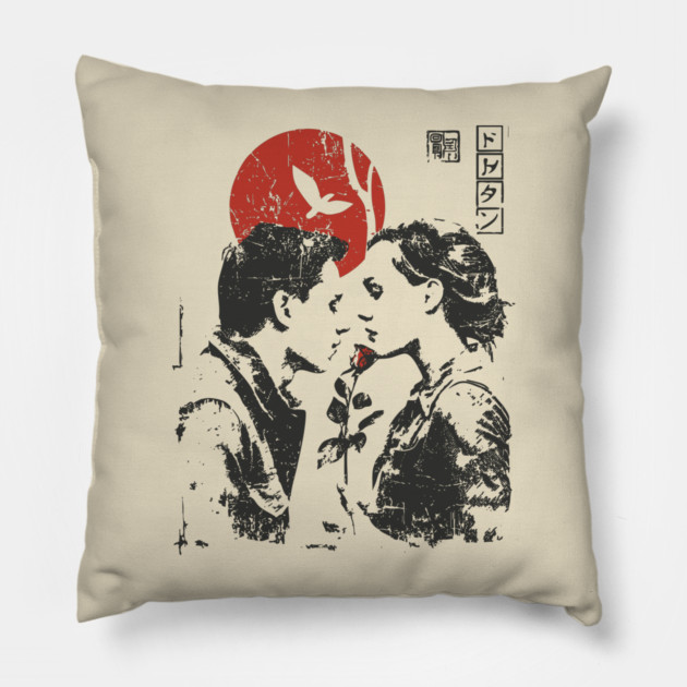Lovers Under the Red Sun - Japanese Romance Design Pillow by TuncGK