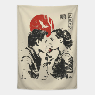 Lovers Under the Red Sun - Japanese Romance Design Tapestry