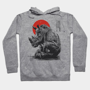 Rhino with Red Sun - Ink Japanese Style Hoodie
