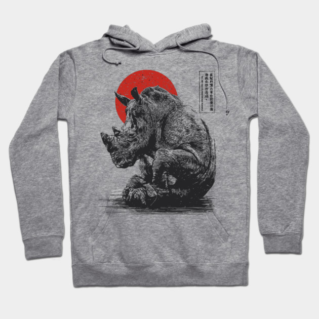 Rhino with Red Sun - Ink Japanese Style Hoodie by TuncGK