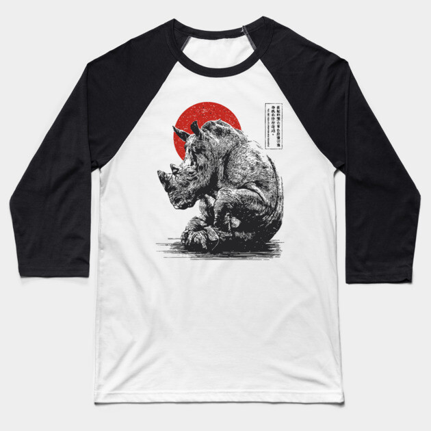 Rhino with Red Sun - Ink Japanese Style Baseball T-Shirt by TuncGK