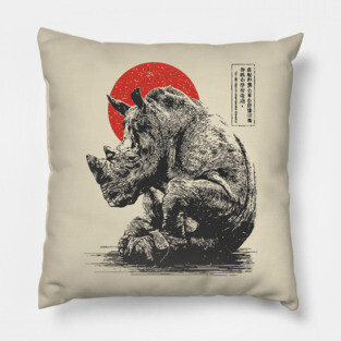 Rhino with Red Sun - Ink Japanese Style Pillow
