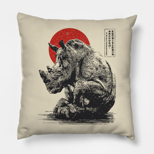 Rhino with Red Sun - Ink Japanese Style Pillow by TuncGK