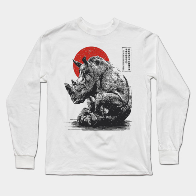 Rhino with Red Sun - Ink Japanese Style Long Sleeve T-Shirt by TuncGK