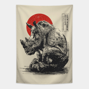 Rhino with Red Sun - Ink Japanese Style Tapestry