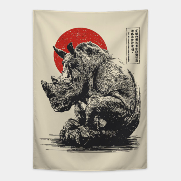 Rhino with Red Sun - Ink Japanese Style Tapestry by TuncGK