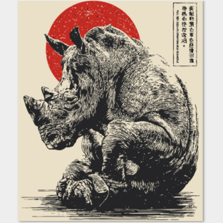 Rhino with Red Sun - Ink Japanese Style Posters and Art