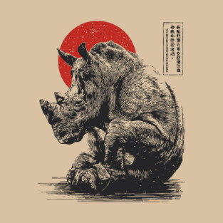Rhino with Red Sun - Ink Japanese Style T-Shirt