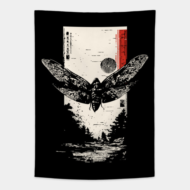 Moth Under Full Moon - Japanese Dark Aesthetic Tapestry by TuncGK