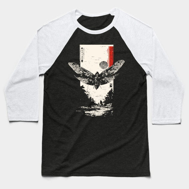Moth Under Full Moon - Japanese Dark Aesthetic Baseball T-Shirt by TuncGK