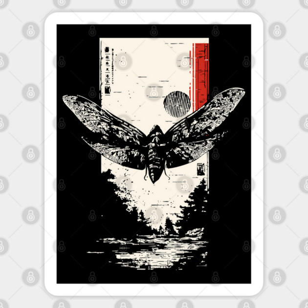 Moth Under Full Moon - Japanese Dark Aesthetic Sticker by TuncGK