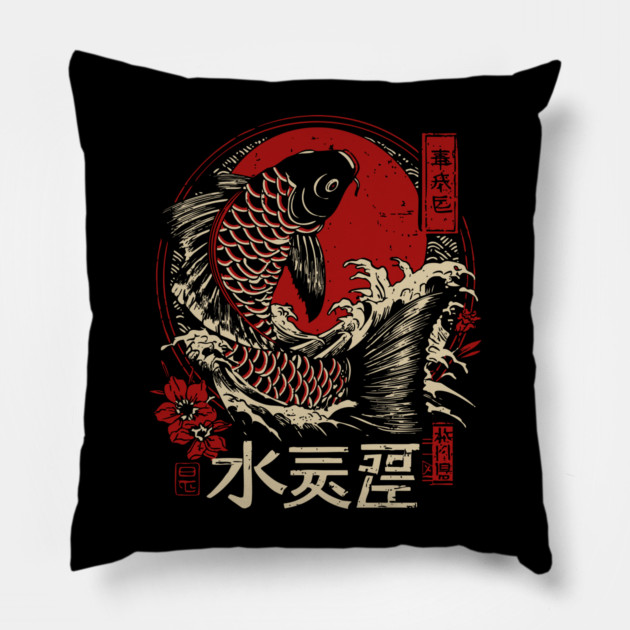 Aquarius Zodiac Koi Leaping Through Waves Pillow by TuncGK